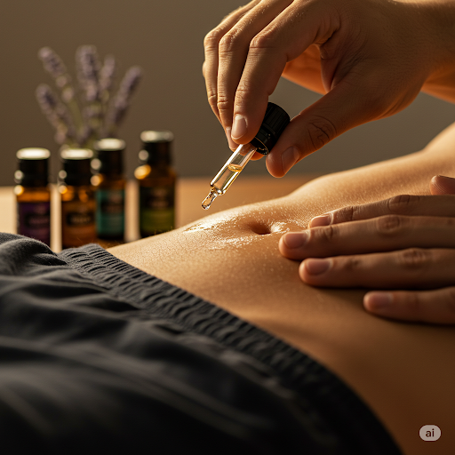 하복부 마사지 시 아로마 오일 사용하는 모습