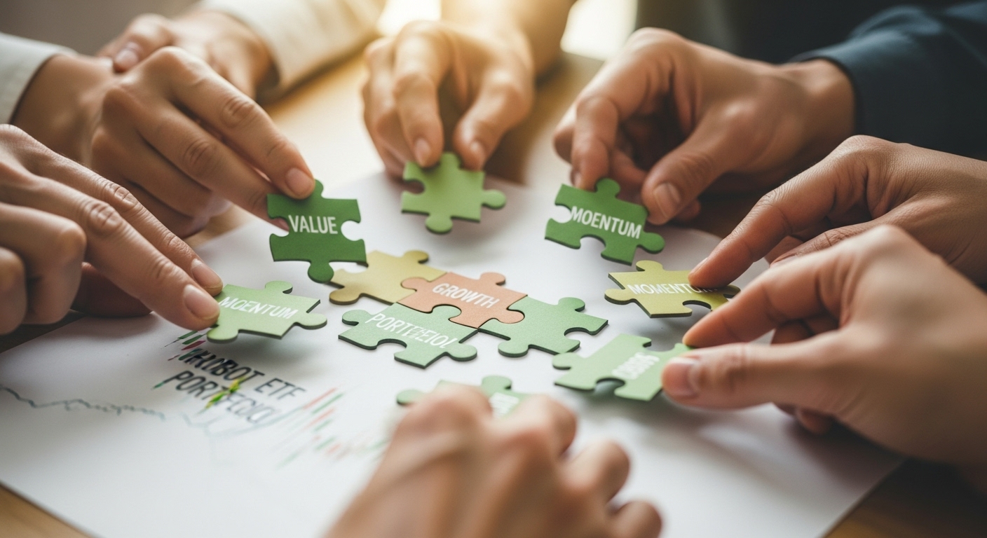 여러 손이 다양한 투자 전략을 상징하는 퍼즐 조각들을 맞춰 로봇 ETF 포트폴리오를 완성하는 모습.