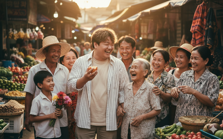 곽튜브가 여행지에서 현지인들과 함께 즐겁게 웃고 있는 모습