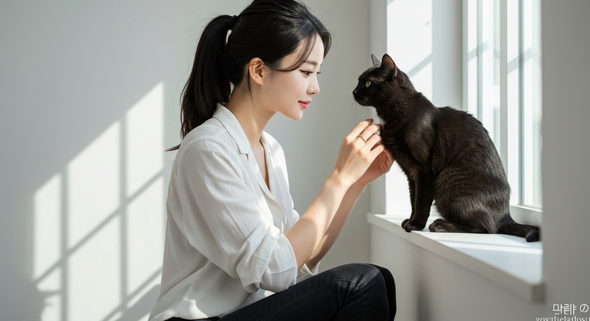 반려묘와 여자 집사의 이미지