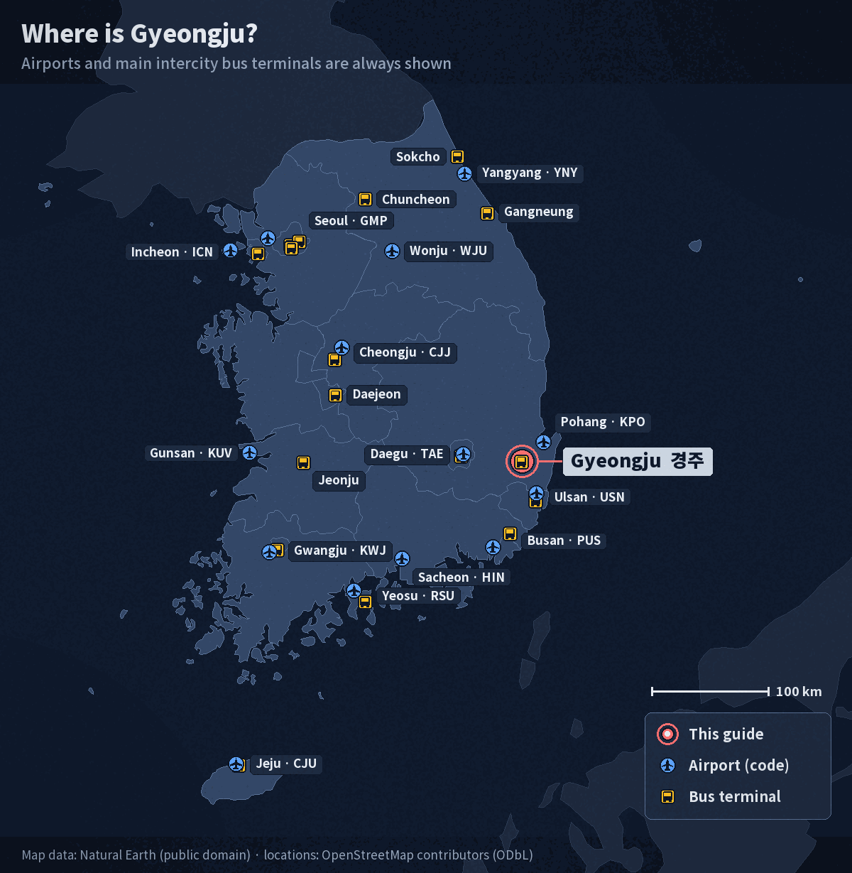 Map of South Korea with Gyeongju marked in the southeast, east of Daegu and north of Ulsan, showing Korea's airports and main intercity bus terminals