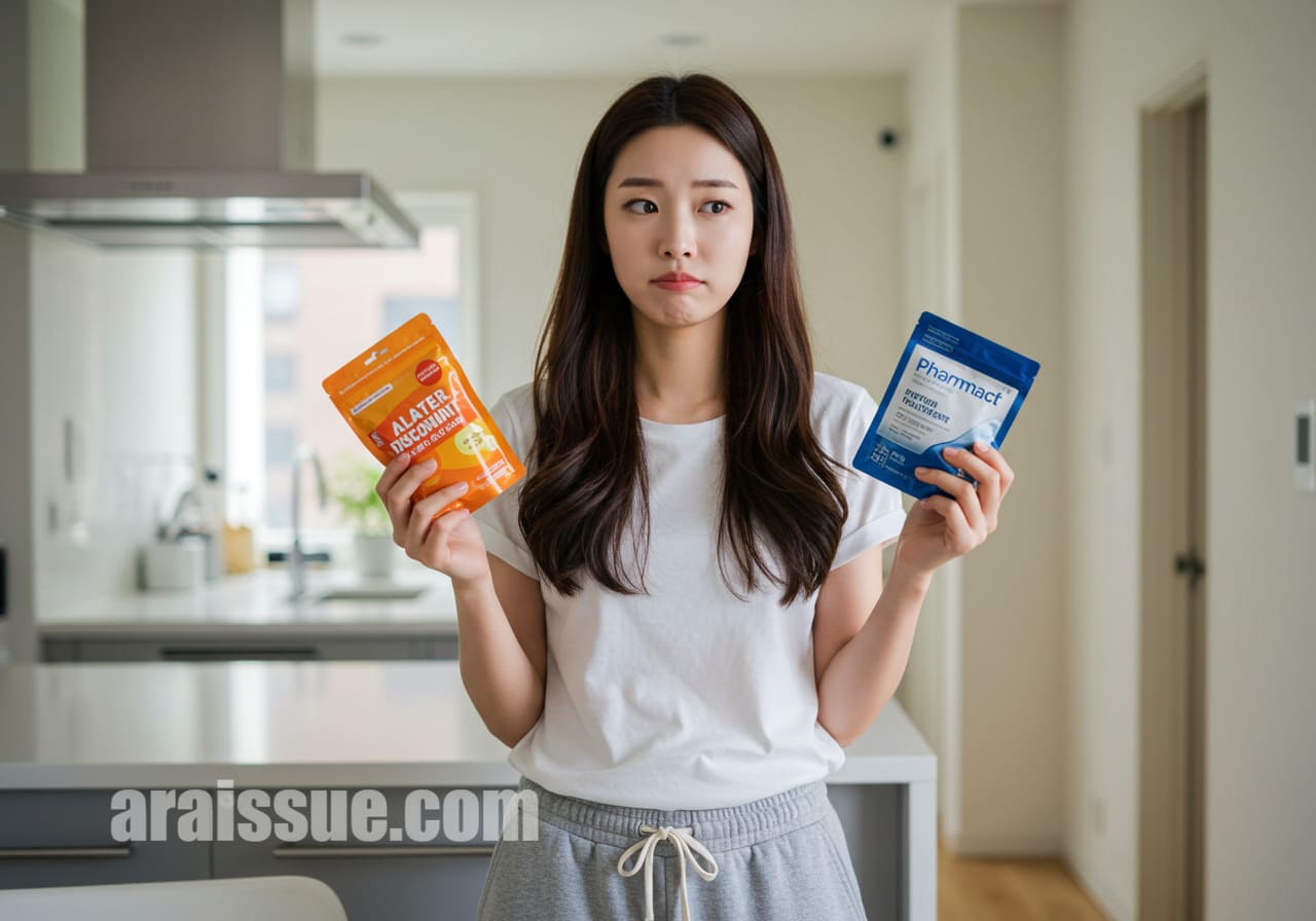 한국 여성 소비자가 아파트 거실에서 다이소와 약국에서 구입한 영양제를 비교하며 혼란스러워하는 장면이다. 두 제품의 외관이 확연히 다르다.