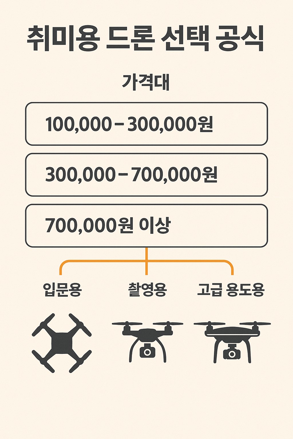 취미용 드론 선택 공식을 가격대와 용도별로 한눈에 정리한 인포그래픽 예시