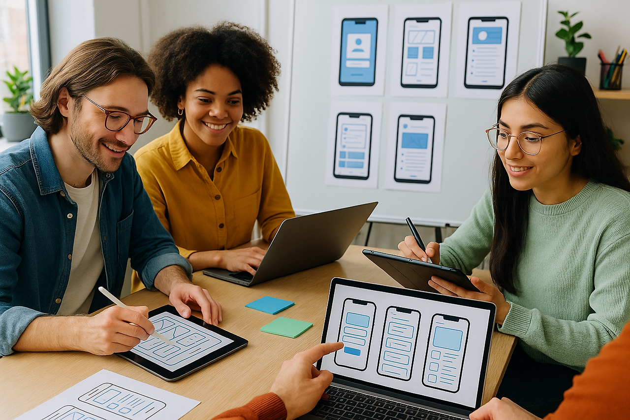 팀이 협업하여 모바일 앱 UI를 프로토타이핑하는 모습을 보여주는 이미지