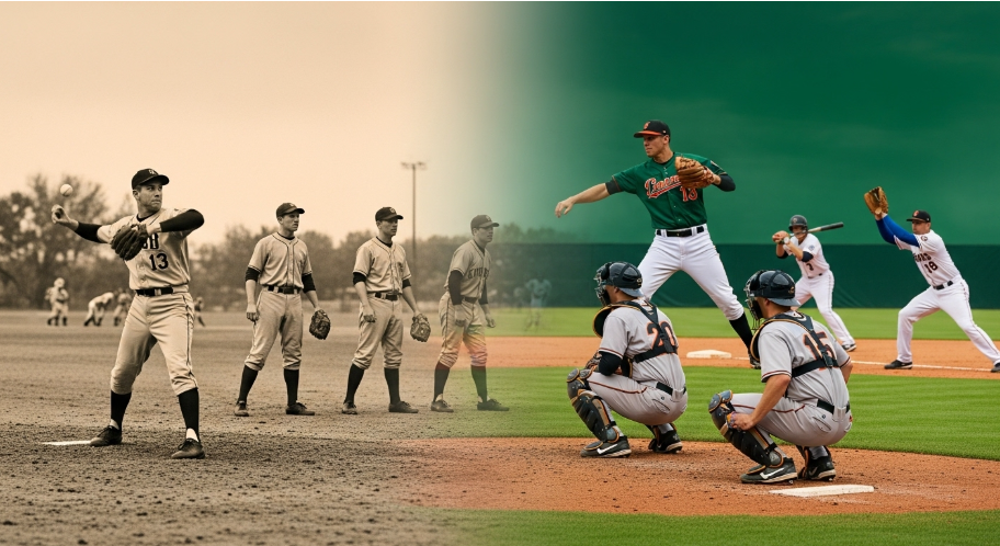 야구 포지션의 역사적 진화를 보여주는 이미지. 왼쪽은 낡은 장비의 초기 야구 선수들, 오른쪽은 현대적인 장비를 갖춘 전문화된 야구 선수들의 모습이 시각적으로 대비되며 포지션의 변화를 상징합니다