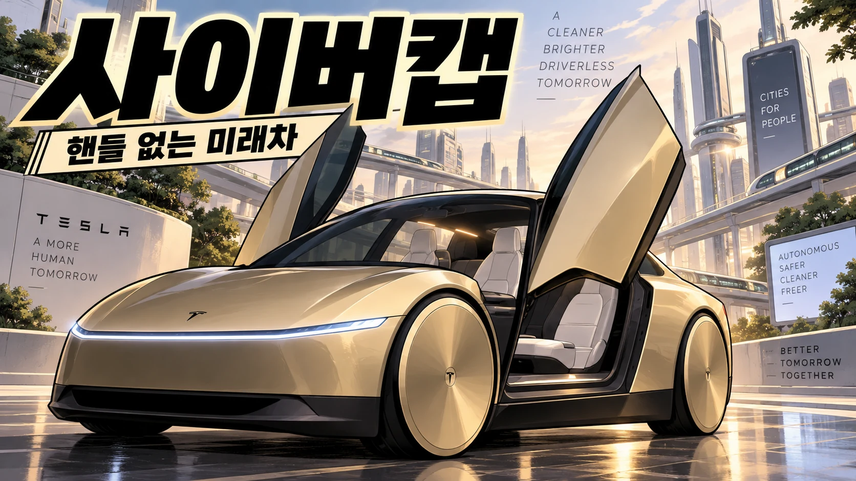 도어가 열린 테슬라 사이버캡 외관과 핸들 없는 미래 자율주행차 콘셉트 디자인