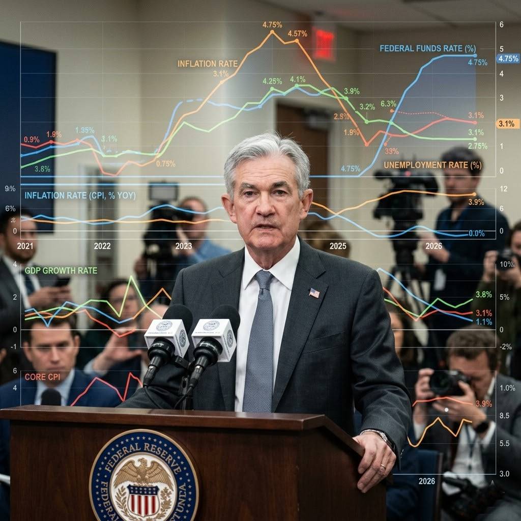 제롬 파월 연준 의장이 진지한 표정으로 마이크 앞에서 브리핑하는 모습과 배경에 복잡한 경제 지표 그래프가 겹쳐진 장면. AI 이미지 생성
