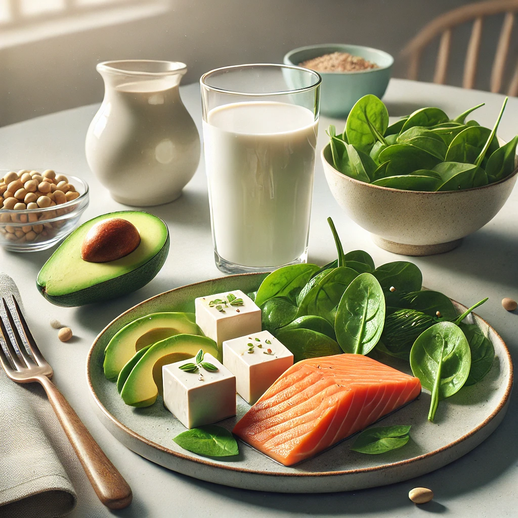 갱년기 여성 건강을 위한 식단 이미지(시금치,아보카도,연어,우유,콩)