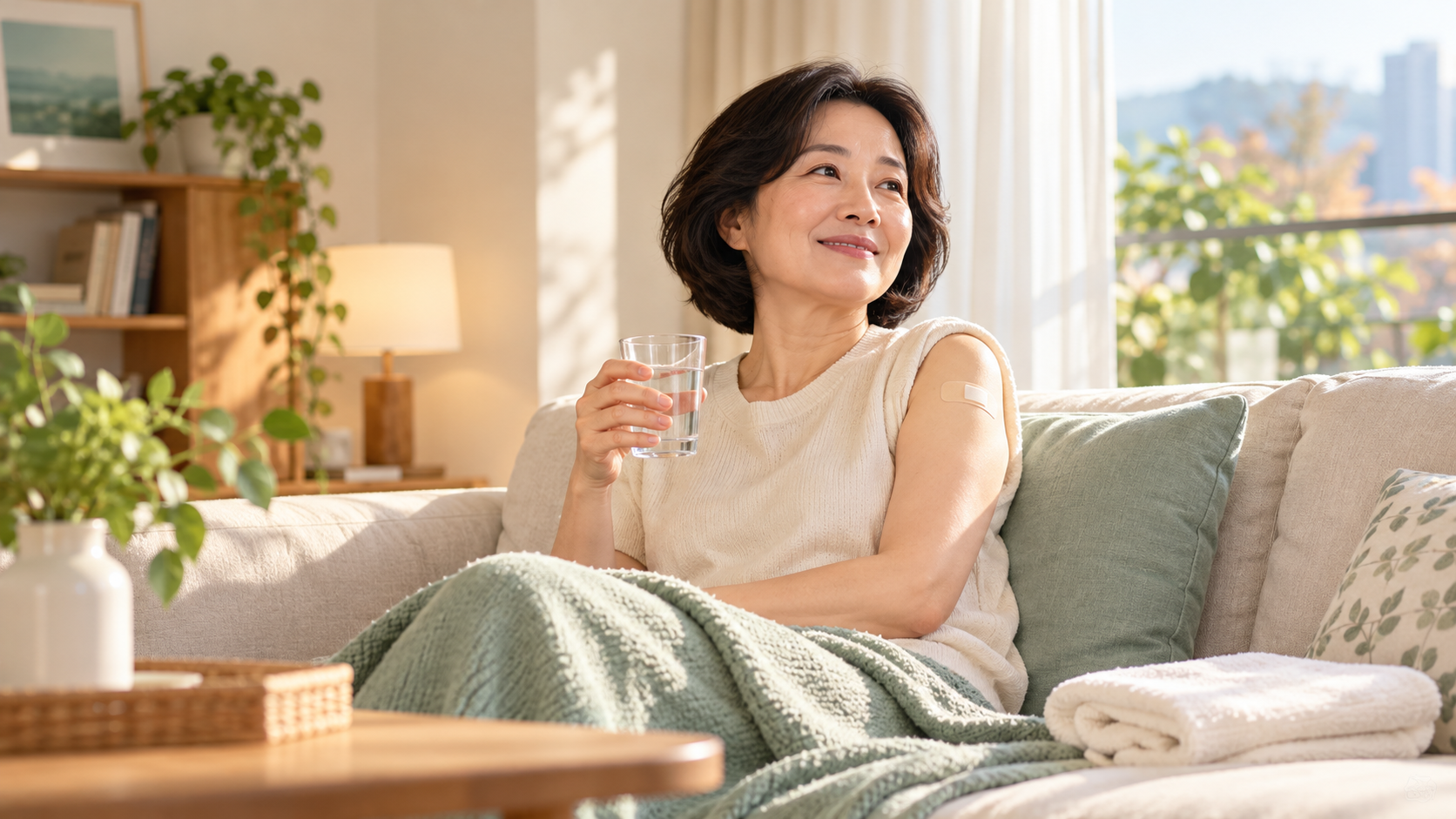 독감주사를 맞고 집에서 편안히 쉬는 모습