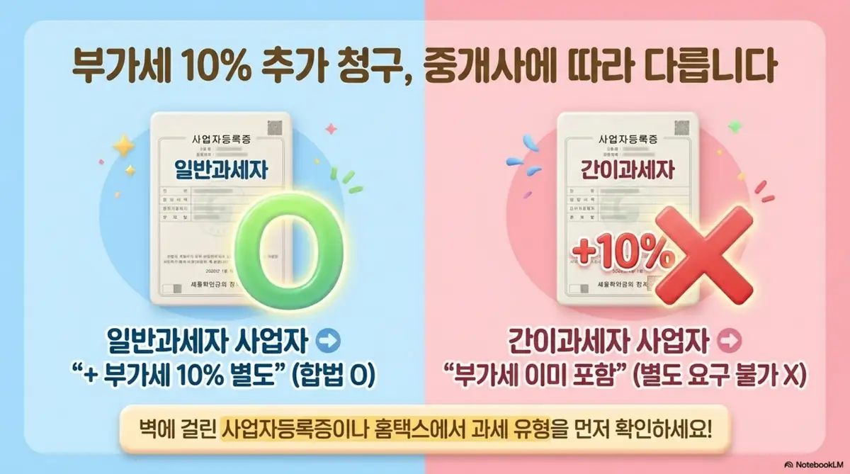 부동산 중개수수료: 일반과세자는 부가세 10% 별도 청구가 합법이고 간이과세자는 부가세 별도 요구가 불가하다는 차이를 사업자등록증으로 비교한 인포그래픽 이미지. 이 이미지는 중개수수료 부가세 별도 청구의 적법성을 과세 유형별로 시각적으로 전달하며, 블로그의 부가세 별도 청구와 관련된 내용을 설명함