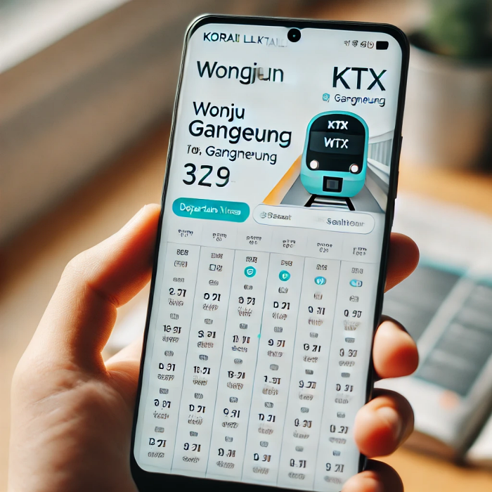 코레일톡 앱 화면에서 원주-강릉 KTX 열차 시간표를 실시간으로 조회하는 스마트폰 화면