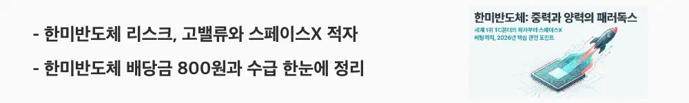 한미반도체 주가 전망: '한미반도체 리스크, 고밸류와 스페이스X 적자'라는 문구가 포함된 웹배너 이미지. 이 이미지는 한미반도체의 밸류에이션 부담과 배당·수급 현황 등 투자 리스크를 시각적으로 전달하며, 블로그의 한미반도체 주가 전망과 관련된 내용을 설명함