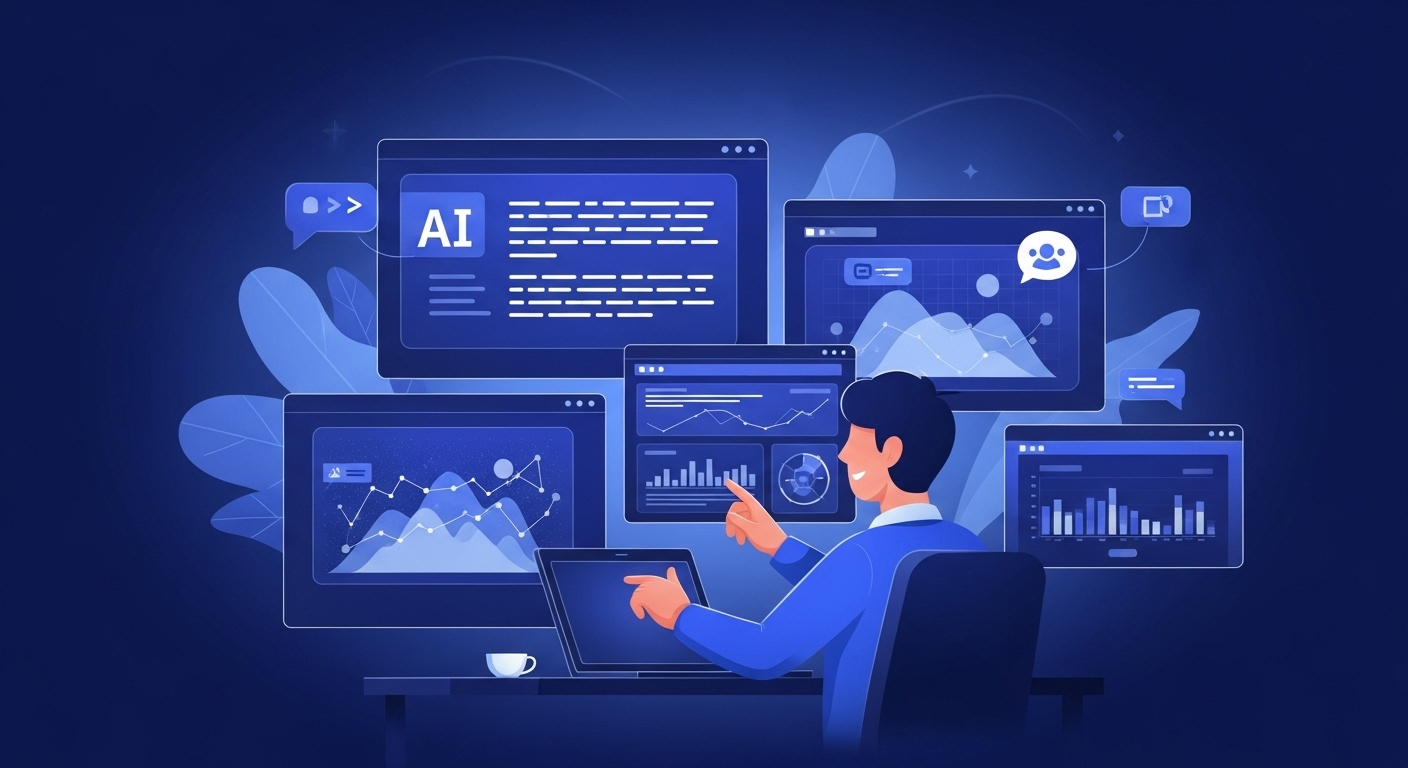 AI 도구들을 활용하여 콘텐츠를 기획하고 개발하는 직장인의 모습. 다양한 AI 인터페이스가 노트북과 태블릿 화면에 나타나 있다.