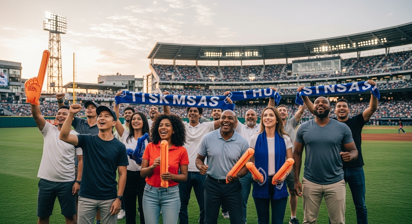 다양한 연령대의 팬들이 야구 경기장에서 즐겁게 응원하는 모습, 야구 팬덤의 활기찬 분위기를 보여주는 이미지
