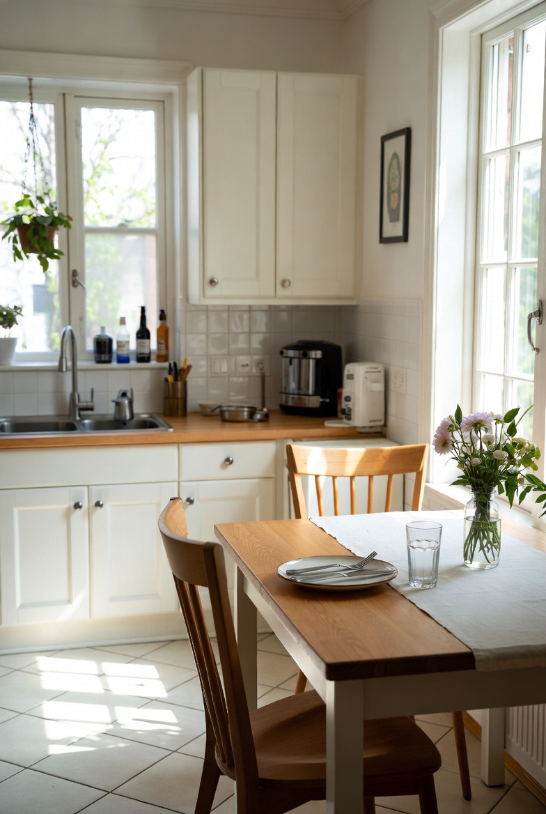 정돈된 주방과 식사 공간이 차분하게 정리된 식탁