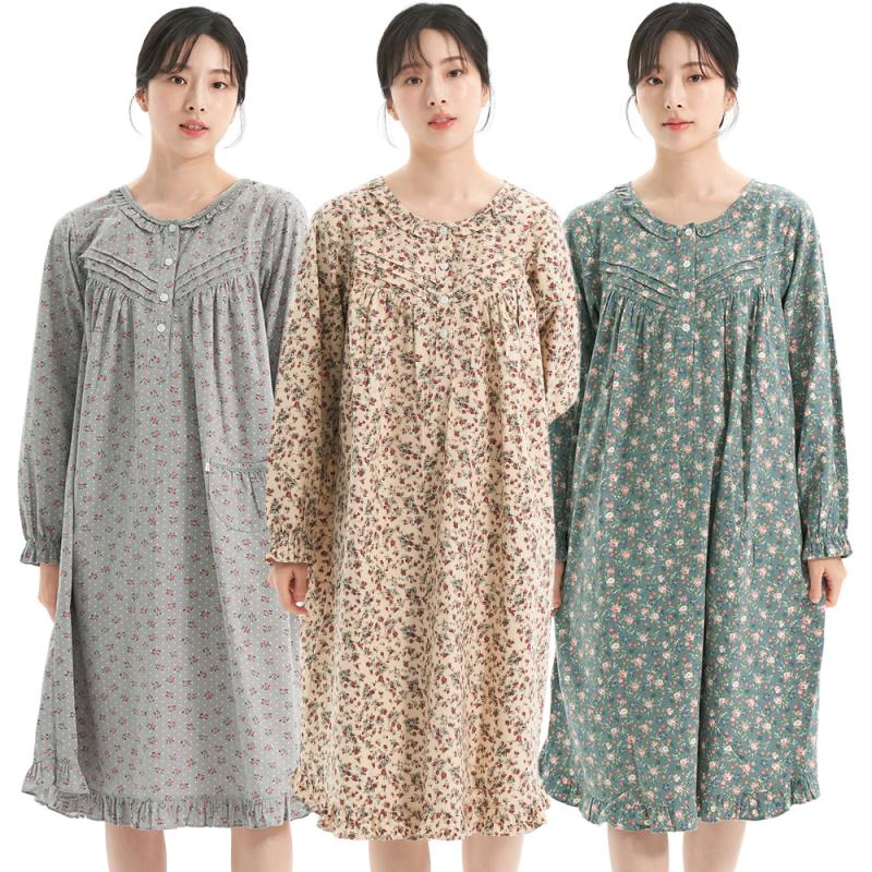 메이플라워 순면 빅사이즈 긴팔 홈웨어 여성 원피스 잠옷