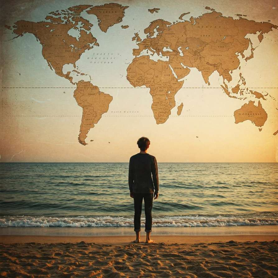 해변에 서 있는 한 남자의 뒷모습을 담은 사진입니다. 남자는 편안한 자세로 서서 넓고 푸른 바다를 바라보고 있습니다. 모래는 황금빛이고 파도는 해안선을 따라 부드럽게 밀려옵니다. 배경에는 빈티지 스타일의 세계 지도가 미묘하게 표시되어 있으며, 방랑벽과 세계적인 모험심을 불러일으킵니다