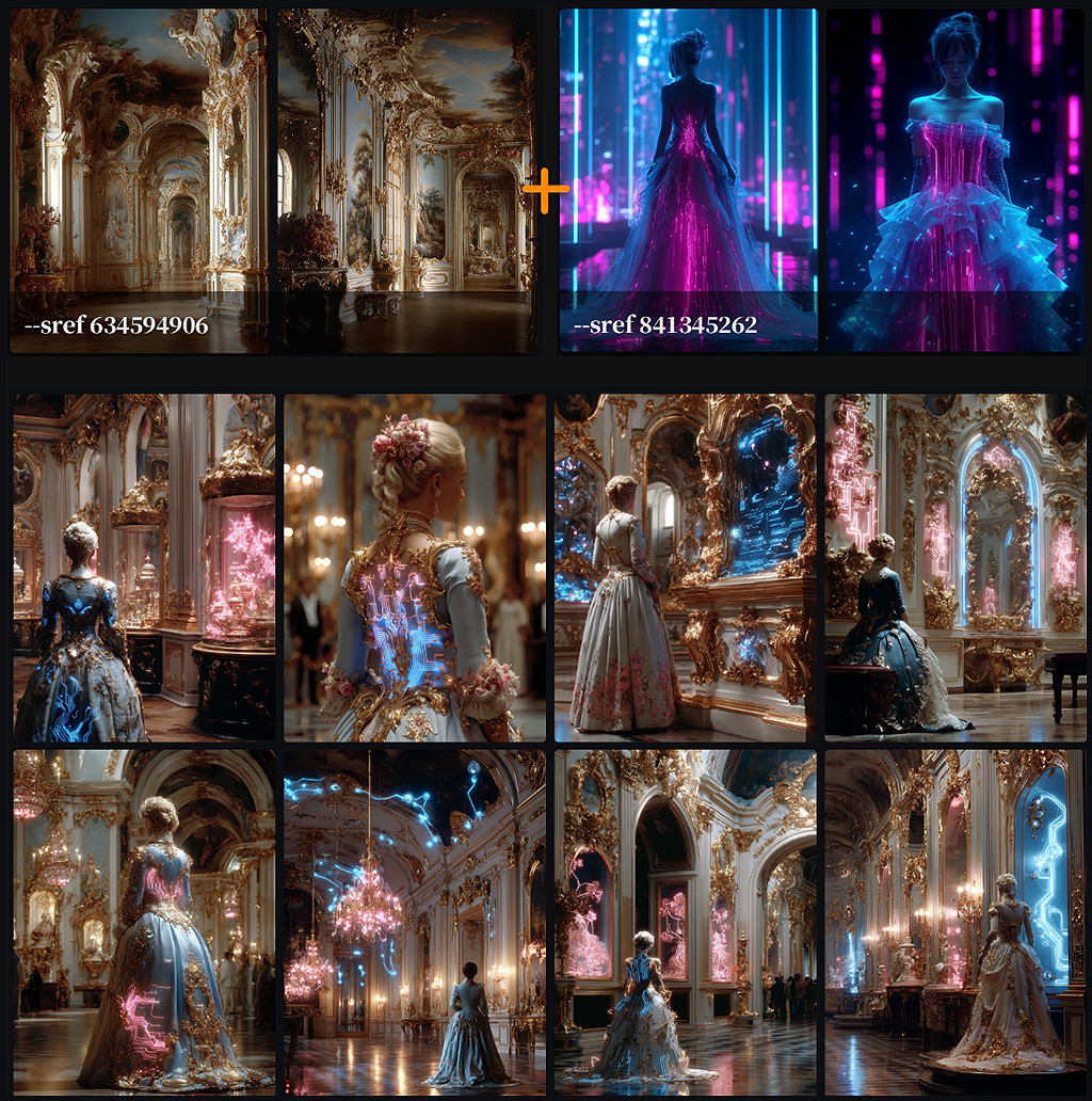 스타일 믹스 실험, 정교한 금빛 장식과 블루 네온 라이트가 공존하는 초현실적 인테리어와 의상 이미지 예시_Midjourney