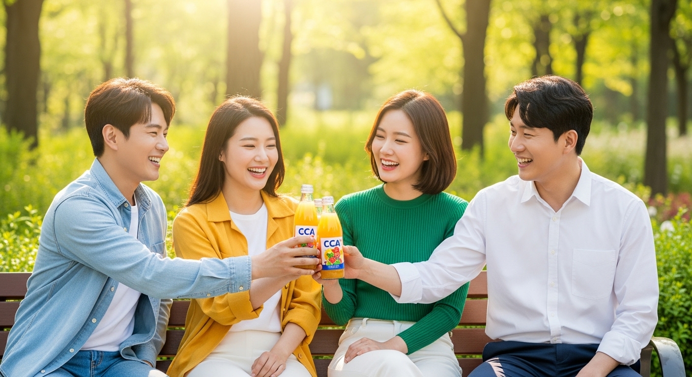 친구와 함께 CCA 주스를 나누어 마시는 모습