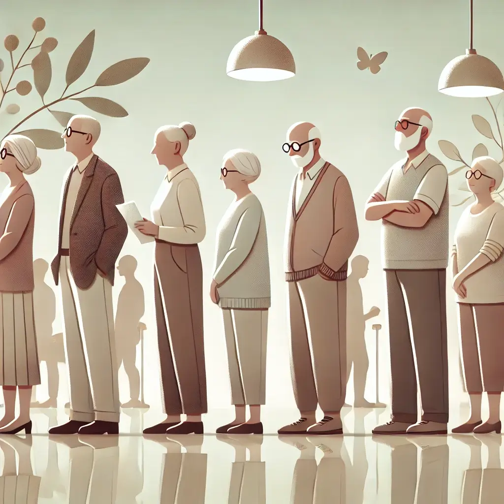 노인들이 질서 정연하게 줄을 서 있는 모습.