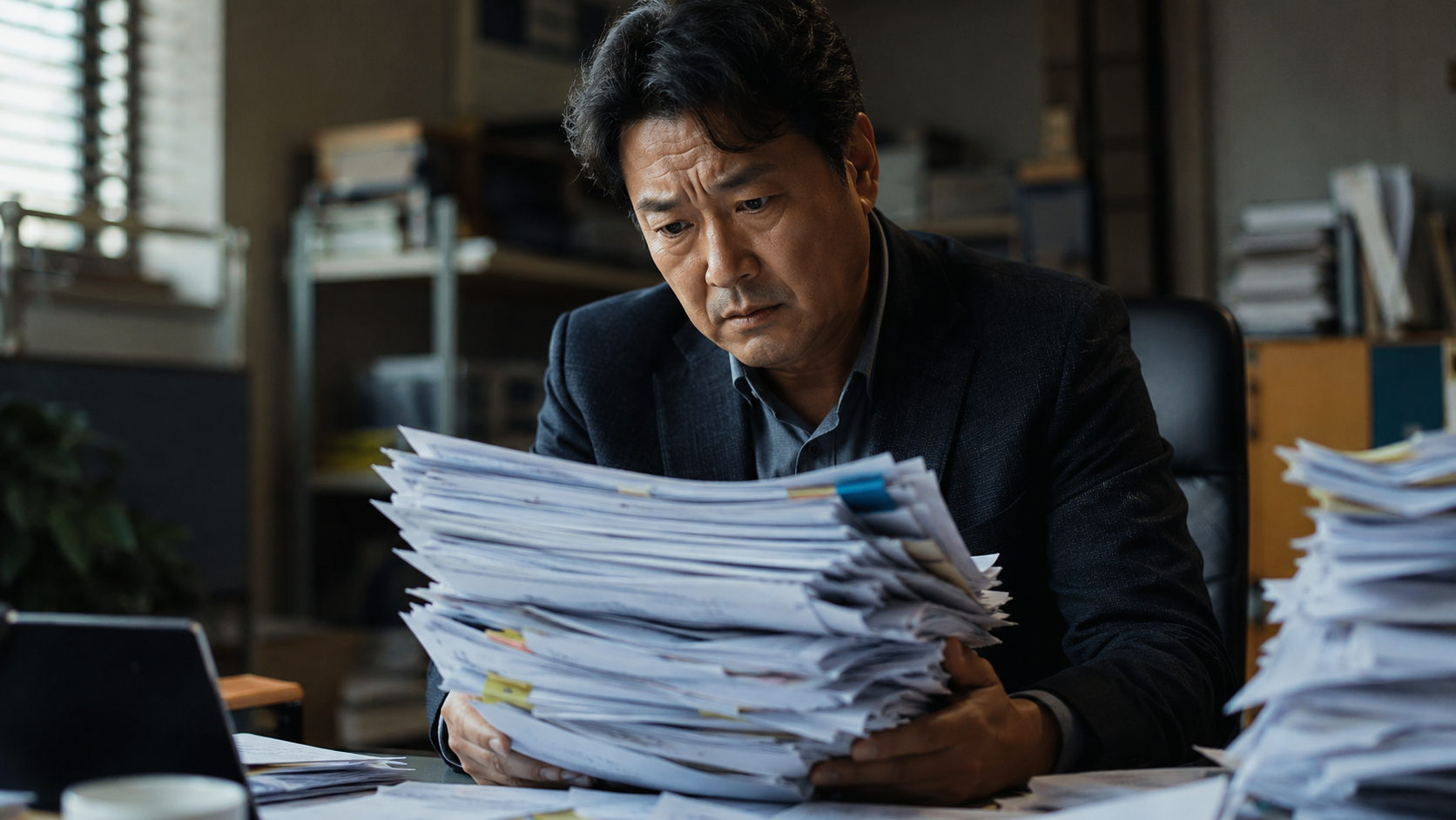 AI 지원금 서류 더미를 들고 막막한 표정의 중소기업 (정책)