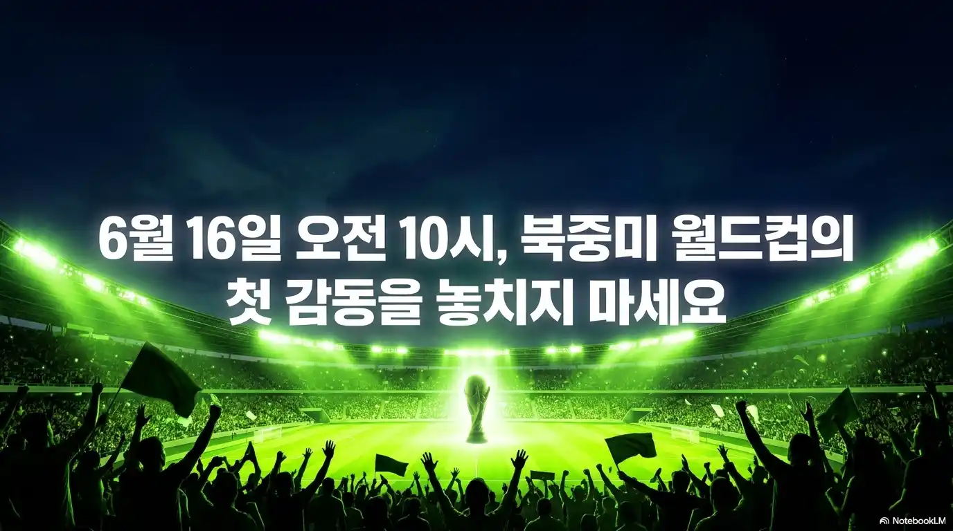 6월 16일 오전 10시 2026 북중미 월드컵 이란 뉴질랜드 첫 경기 응원 메시지 - 월드컵 트로피와 함께하는 경기장 전경