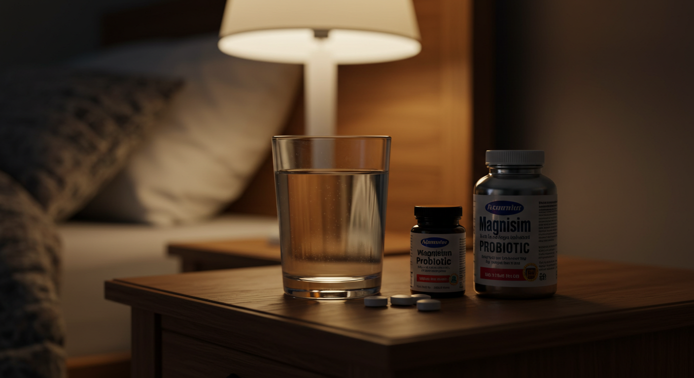 침대 옆 협탁 위에 물컵과 함께 놓인 마그네슘과 유산균 영양제