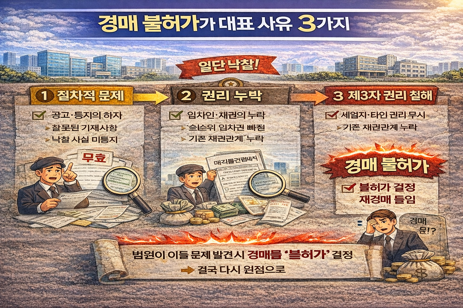 절차 하자, 권리 누락, 제3자 권리 침해로 인한 경매 불허가 주요 사유 비교 도식