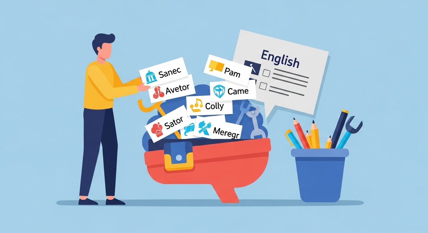 자신만의 영어 표현과 단어를 노트에 정리하며 표현 창고를 채우는 모습을 담은 일러스트.