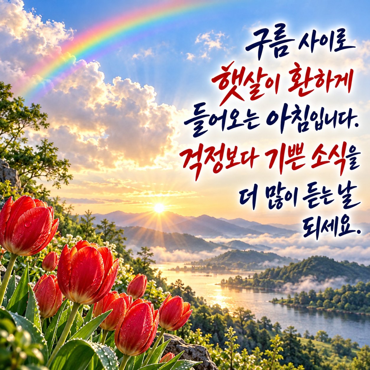 아침에 보내는 카톡 인사말 이미지 8 — 구름 사이로 햇살이 환하게 들어오는 아침입니다. 걱정보다 기쁜 소식을 더 많이 듣는 날 되세요.