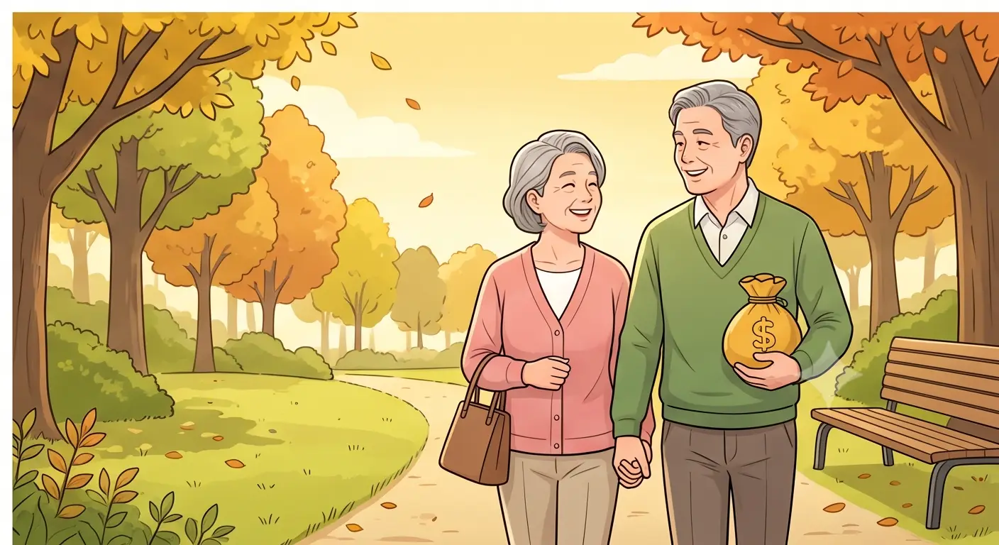 가을 공원에서 돈주머니를 들고 다정하게 산책하는 노후가 안정된 노부부 일러스트