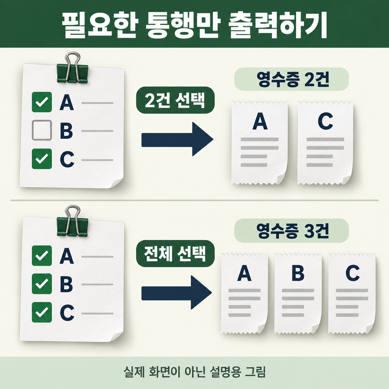 통행 내역3건 중2건 선택 출력과 전체3건 출력을 비교한 설명 그림