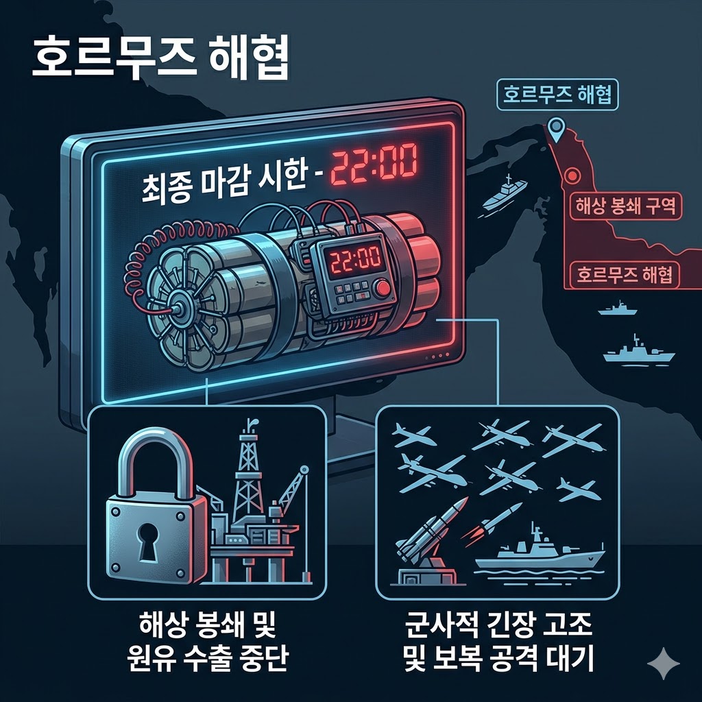 미국 이란 협상 결렬로 인한 호르무즈 해협 위기를 요약한 인포그래픽, 최종 마감 시한 22:00 타임밤과 해상 봉쇄 및 군사적 긴장 고조 한글 설명