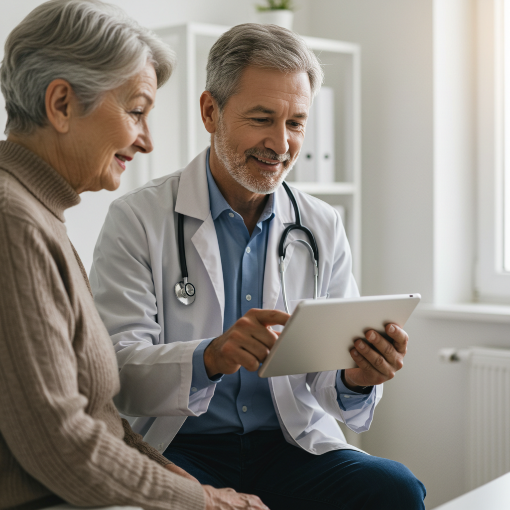 진료실에서 의사가 환자에게 태블릿을 보여주며 당화혈색소 목표에 대해 상담하는 모습