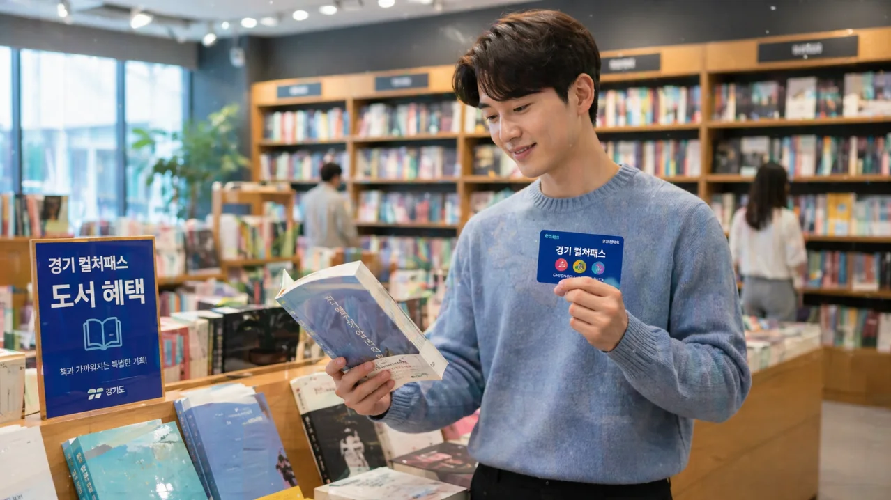책이 가득한 서점에서 즐겁게 책을 고르는 사람의 모습. 경기 컬처패스 도서 혜택을 표현합니다.