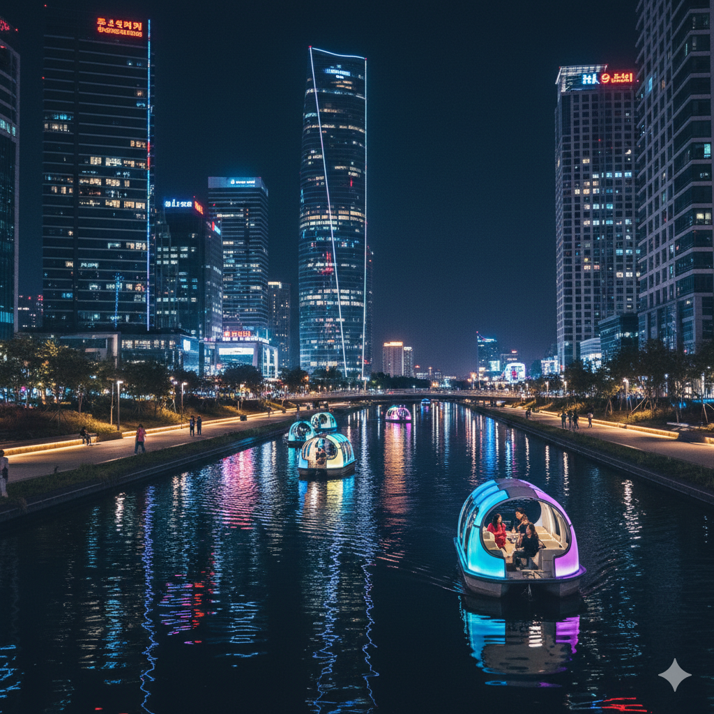 송도 센트럴파크의 야경과 수로를 떠다니는 문보트들의 화려한 모습