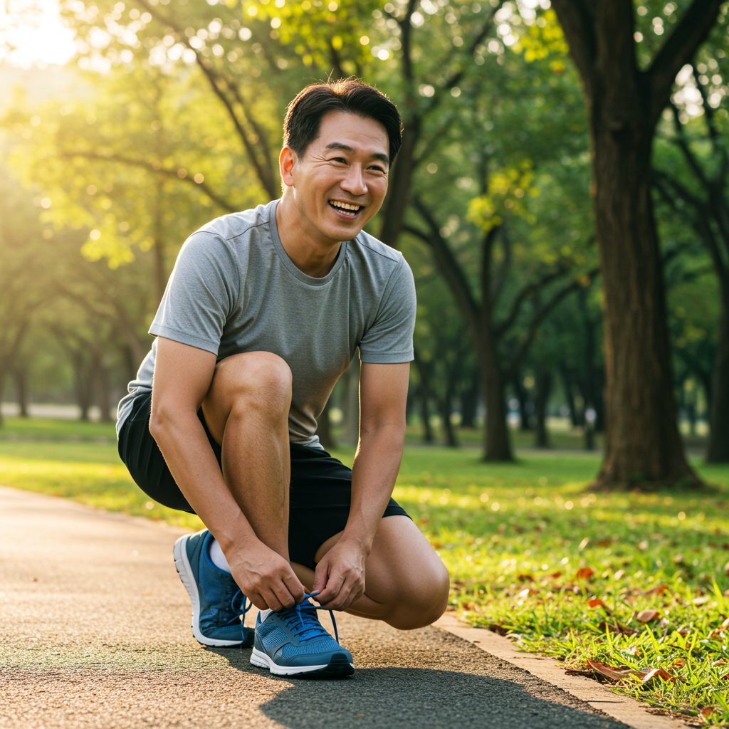성공적인 당뇨 관리로 공원에서 조깅을 준비하며 활기차게 웃고 있는 건강한 중년 남성