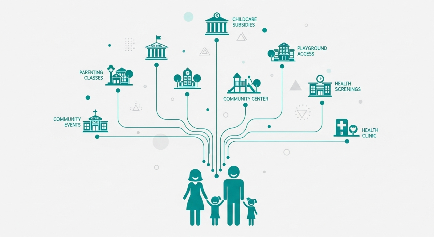 다양한 지방자치단체 건물이 가족에게 출산장려금을 지원하는 모습을 시각적으로 보여주는 인포그래픽