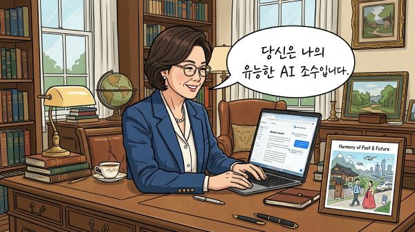 인문학 책이 가득한 서재에서 AI를 활용해 작업을 하는 50대 여인
