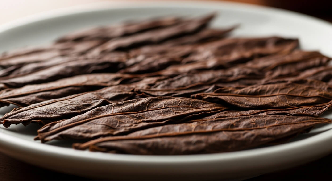 건조된 보이차 찻잎의 모습과 발효된 찻잎 질감