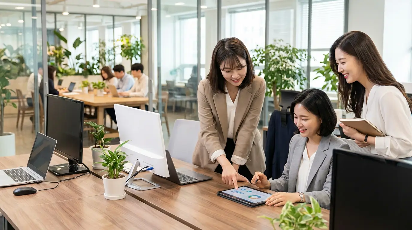 현대적인 공유 오피스에서 여성 창업가들이 회의를 하고 있는 전문적인 모습