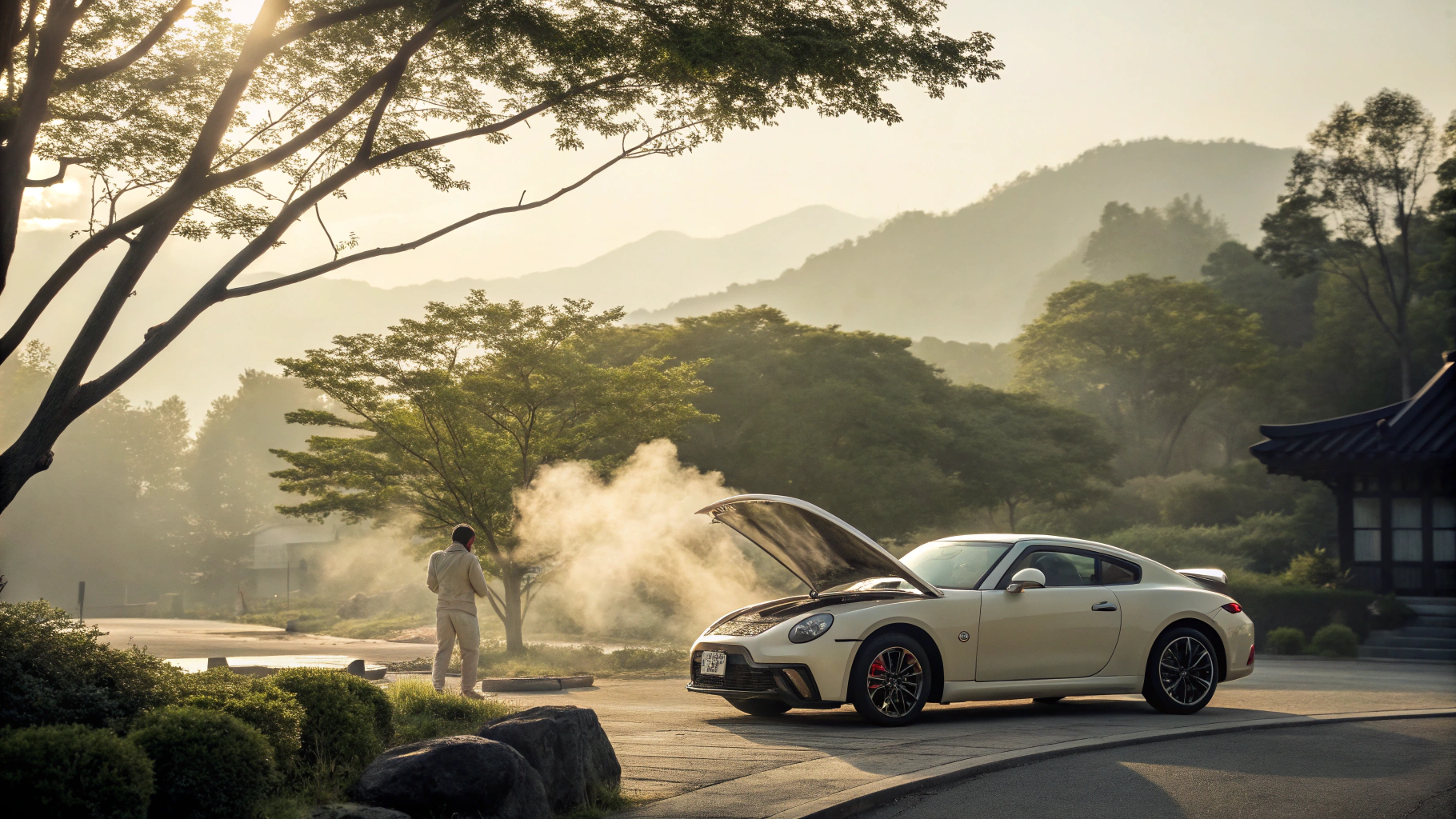 그늘진 곳에 차를 세우고 본넷 열기