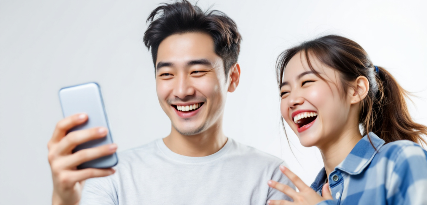 남녀 한상이 스마트폰으로 sns를 하면서 활짝 웃고 있는 사진