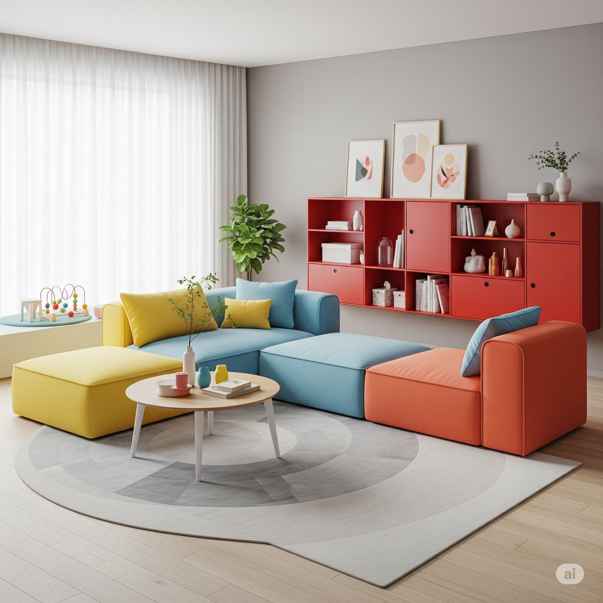 아이와 함께 사는 집, 모듈형 가구와 밝은 색감을 활용한 미니멀 인테리어 거실