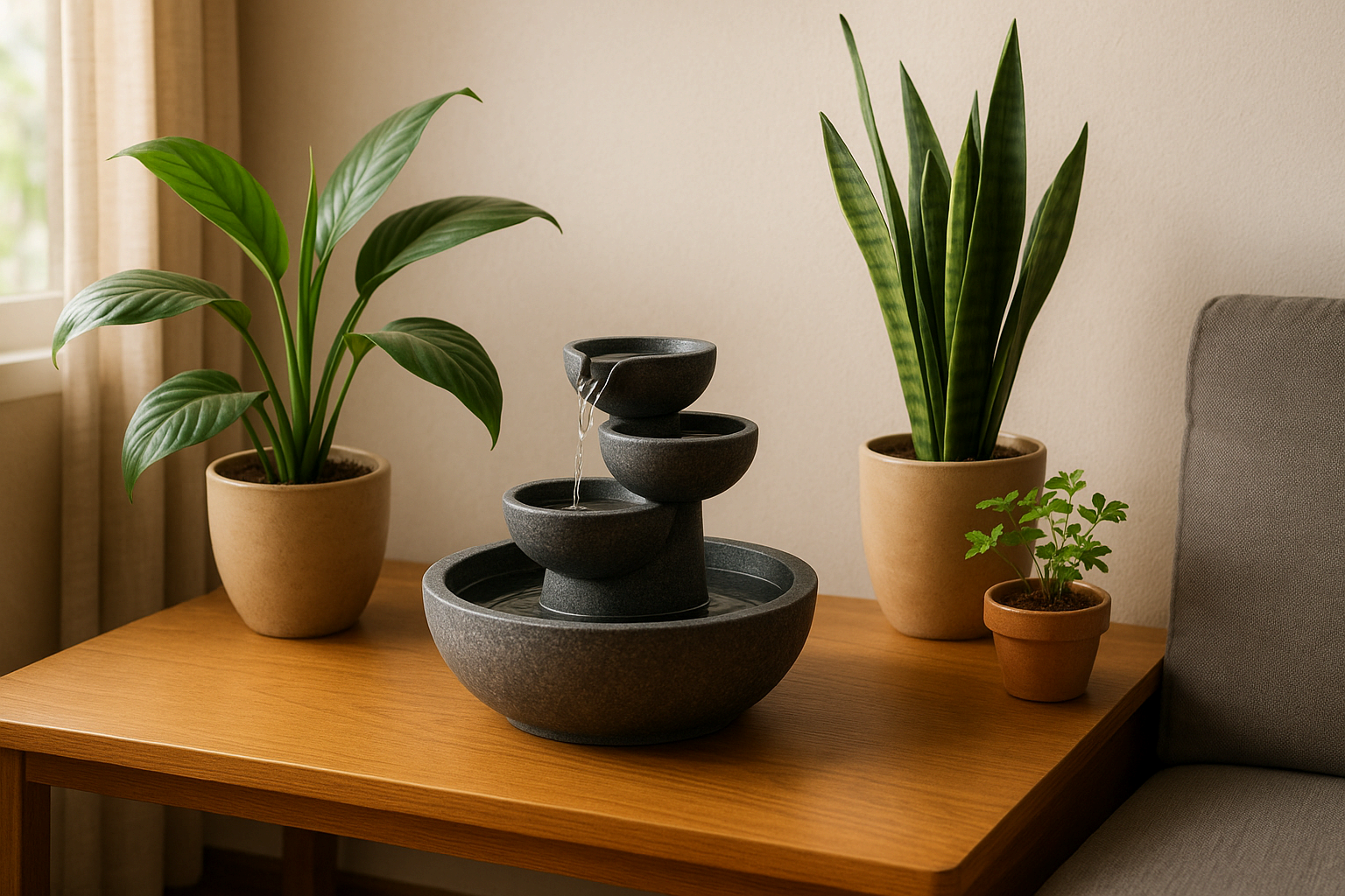 작은 실내 분수대와 식물이 있는 평온한 거실 인테리어