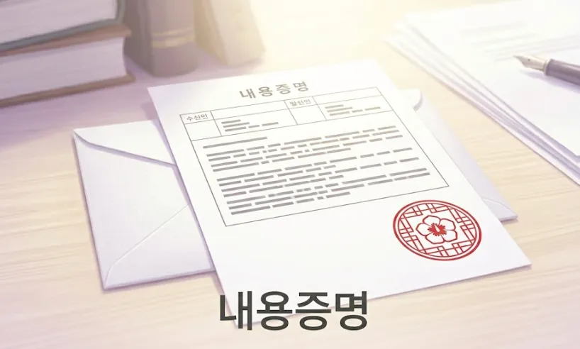 내용증명 작성법: 밝고 따뜻한 햇살이 비추는 책상 위에 놓인 내용증명 서류 일러스트입니다. 서류 하단에는 공식 문서임을 증명하는 붉은색 직인이 찍혀 있습니다. 전세보증금 반환이나 대여금 분쟁 시 소멸시효를 중단시키고 확실한 증거를 남기기 위해 꼭 알아야 할 내용증명 작성법과 효력, 발송 방법을 설명하는 블로그 글의 대표 이미지입니다. 법적 분쟁을 깔끔하게 해결하는 첫 단추이자 안전장치로서의 역할을 시각화했습니다