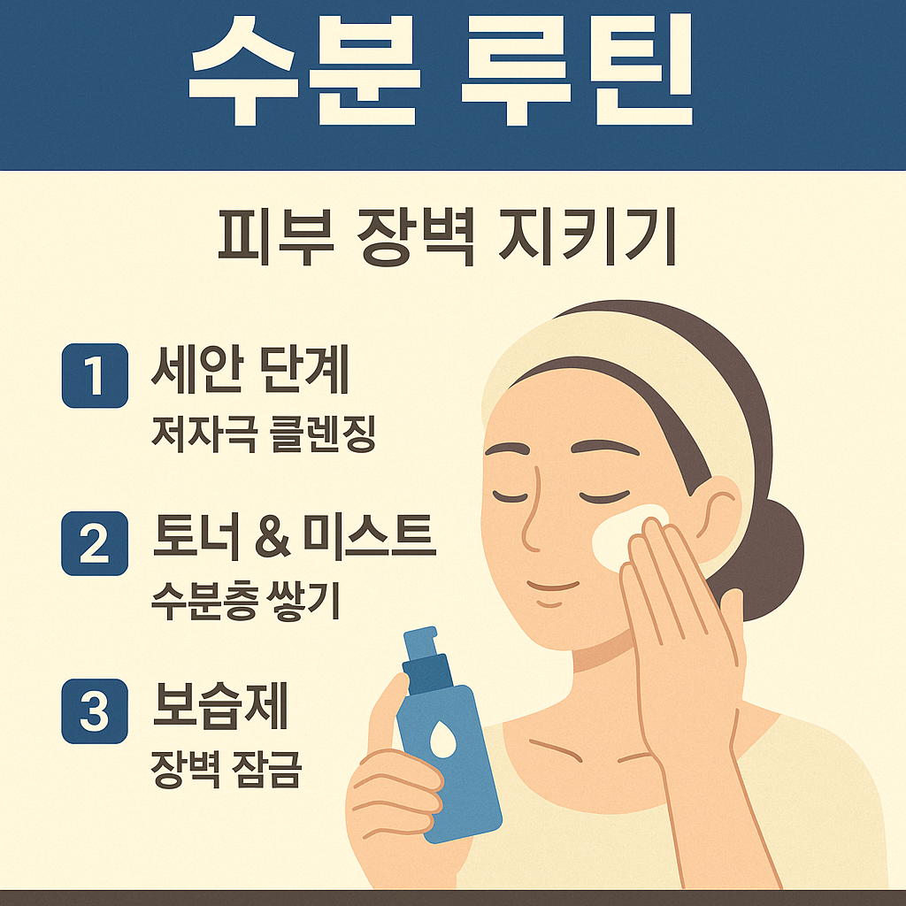 중년 피부의 수분 장벽을 강화하고 회복을 돕는 보습 루틴을 안내하는 한국어 인포그래픽 스타일의 디지털 일러스트