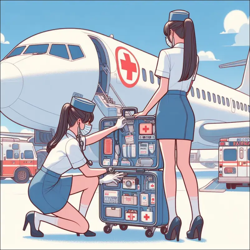 비행기 반입 비상약 확인하는 승무원