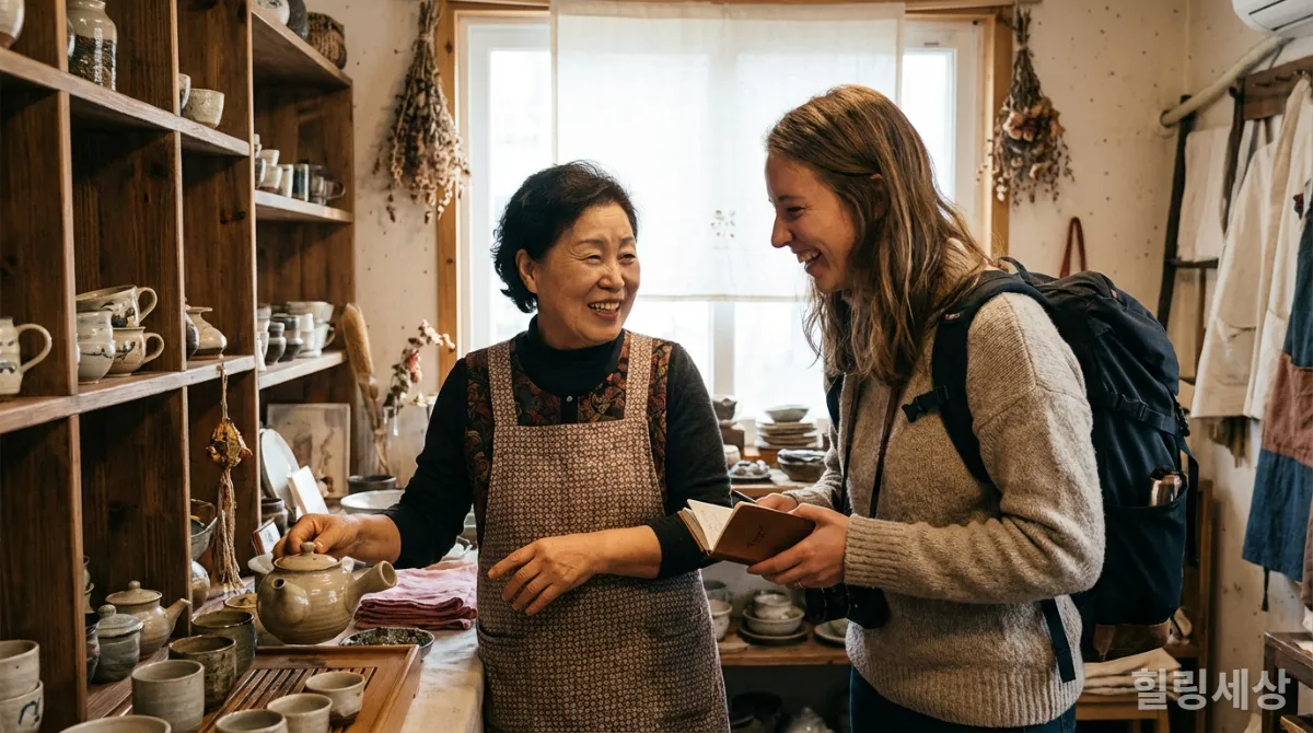 로컬 상점 주인과 정겹게 대화하는 여행객의 모습