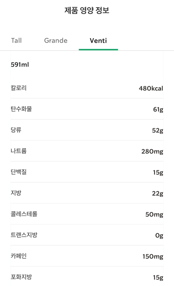 HOT 슈크림 라떼 칼로리 입니다. / 출처 - 스타벅스 APP